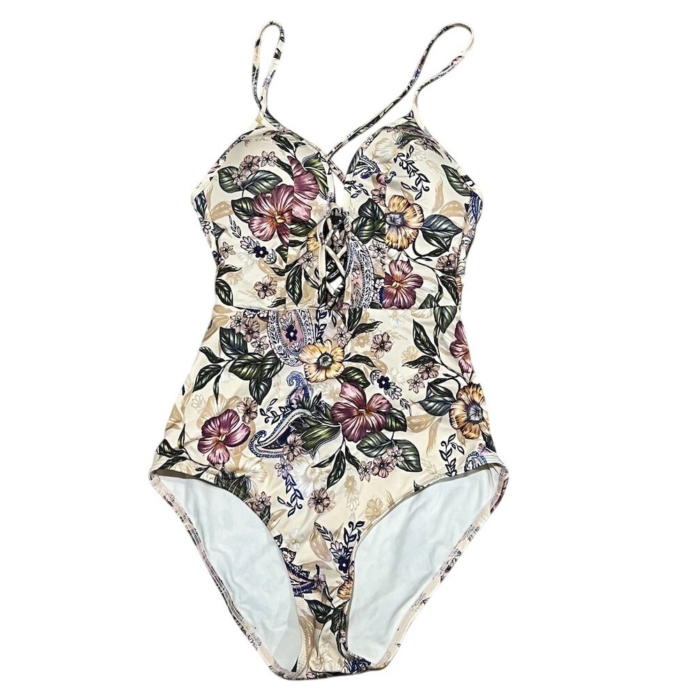Jets One-Piece Swimsuit Womens Size 6 Ivory Floral Paisley Lace-Upjets